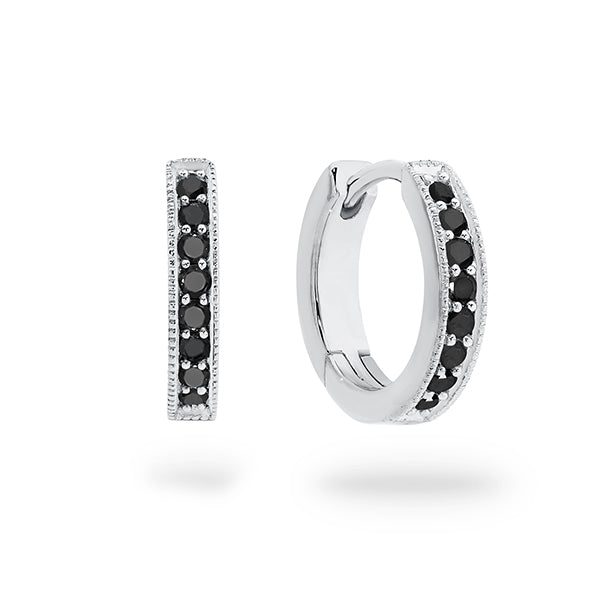 9K Gold Black Diamond Millgrain Huggies ESJE00446