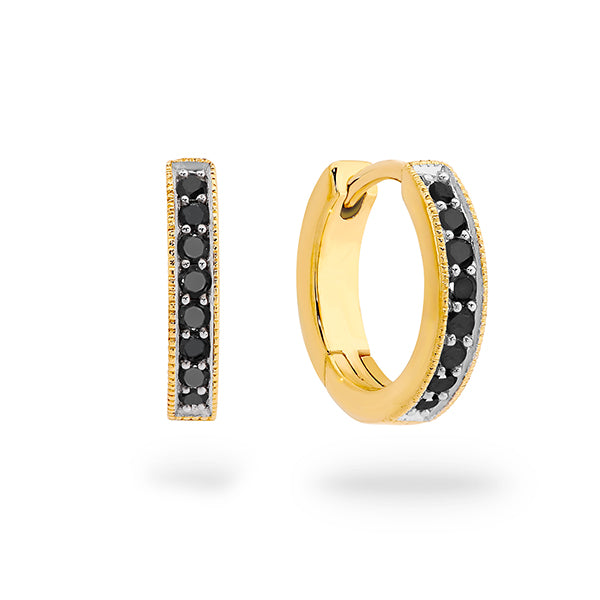 9K Gold Black Diamond Millgrain Huggies ESJE00446