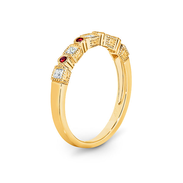 9K Square Profile Millgrain Finish Alternating Gemstone &amp; Diamond Ring