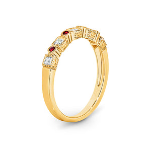 9K Square Profile Millgrain Finish Alternating Gemstone & Diamond Ring