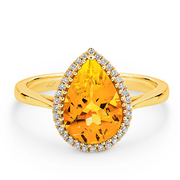 9K W/Y/R Claw Set 12mm x8mm Pear Shaped Diamond Frame Coloured Stone Ring