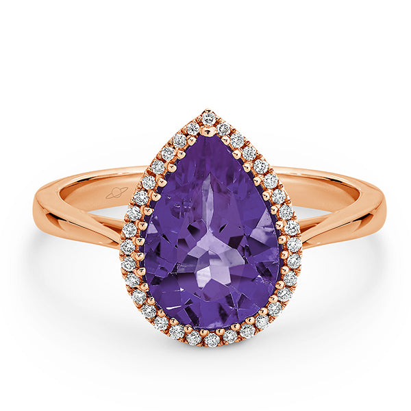 9K W/Y/R Claw Set 12mm x8mm Pear Shaped Diamond Frame Coloured Stone Ring