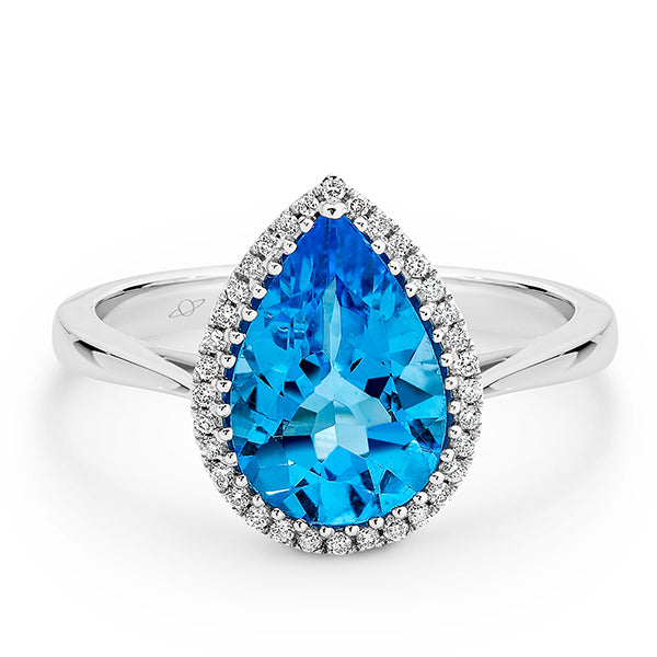 9K W/Y/R Claw Set 12mm x8mm Pear Shaped Diamond Frame Coloured Stone Ring