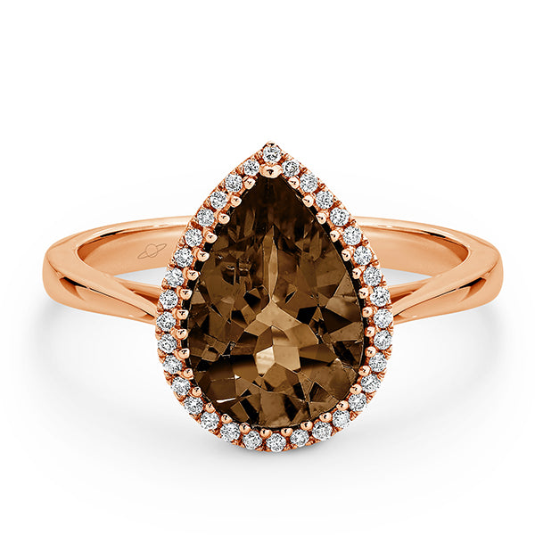 9K W/Y/R Claw Set 12mm x8mm Pear Shaped Diamond Frame Coloured Stone Ring