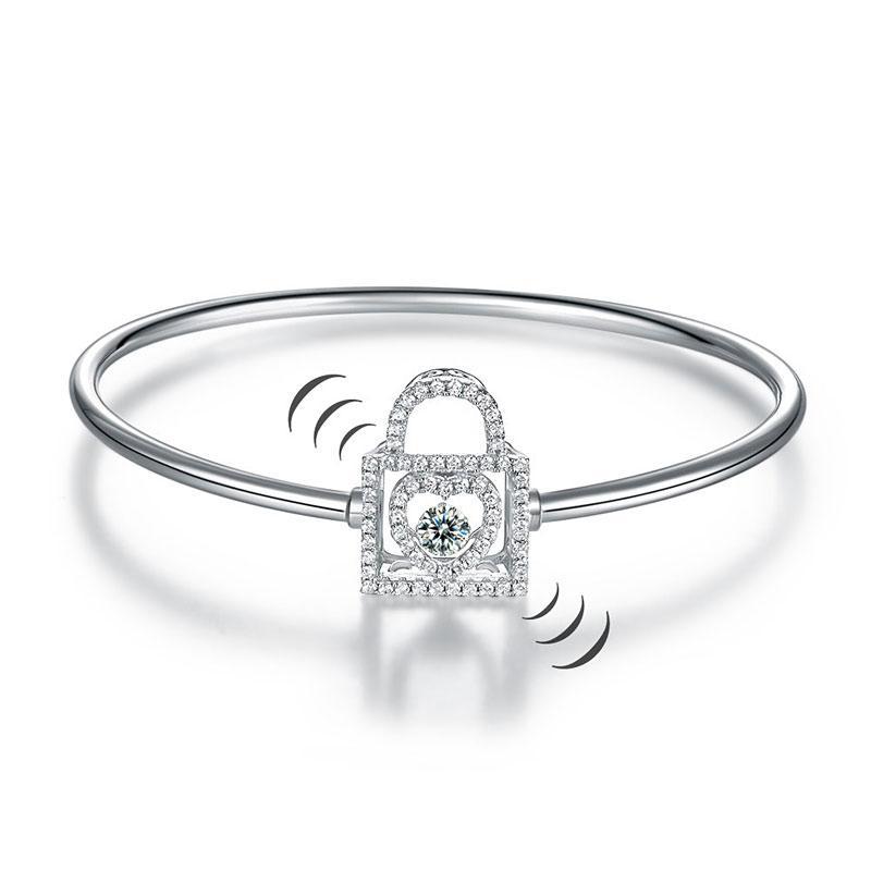 Heart Lock Dancing Stone Bangle Solid 925 Sterling Silver MXFB8011