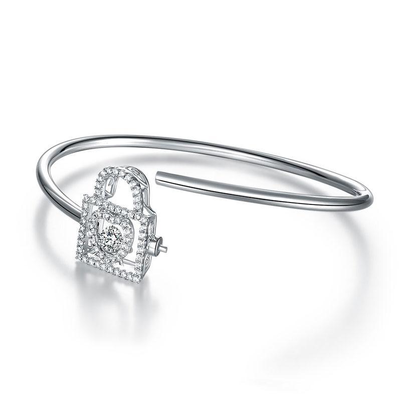 Heart Lock Dancing Stone Bangle Solid 925 Sterling Silver MXFB8011