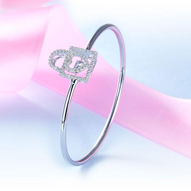 Heart Lock Dancing Stone Bangle Solid 925 Sterling Silver MXFB8011