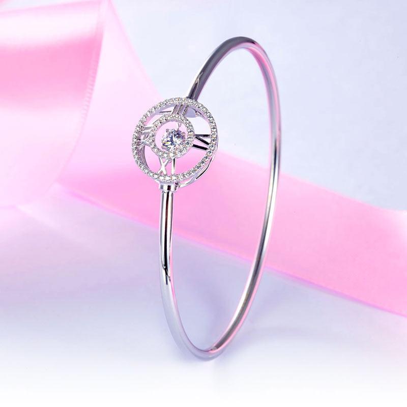 Roman Number Dancing Stone Bangle Solid 925 Sterling Silver for Women MXFB8012