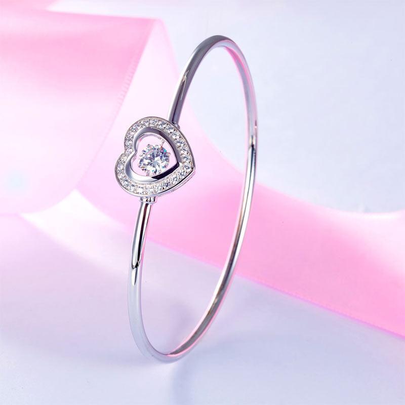 Dancing Stone Heart Bangle Solid 925 Sterling Silver MXFB8014
