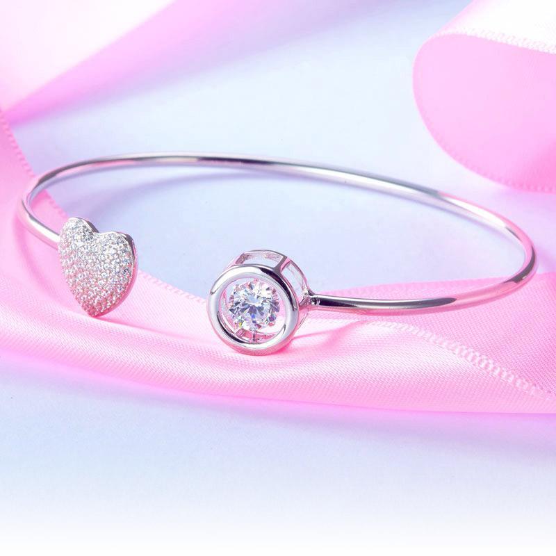 Dancing Stone Heart Bangle Solid 925 Sterling Silver MXFB8016