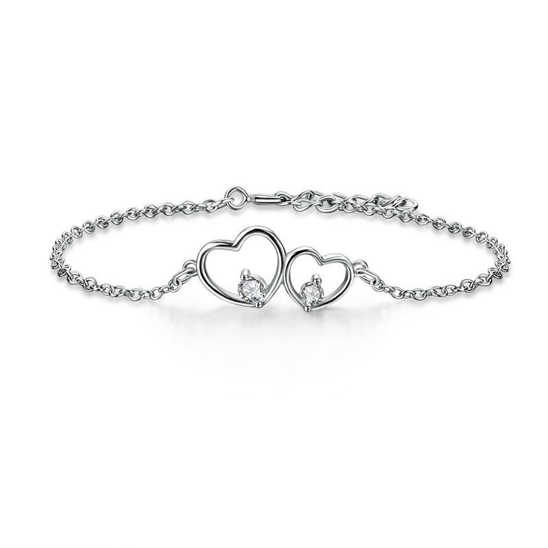 Solid 925 Sterling Silver Bracelet Double Heart MXFB8019