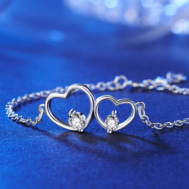 Solid 925 Sterling Silver Bracelet Double Heart MXFB8019
