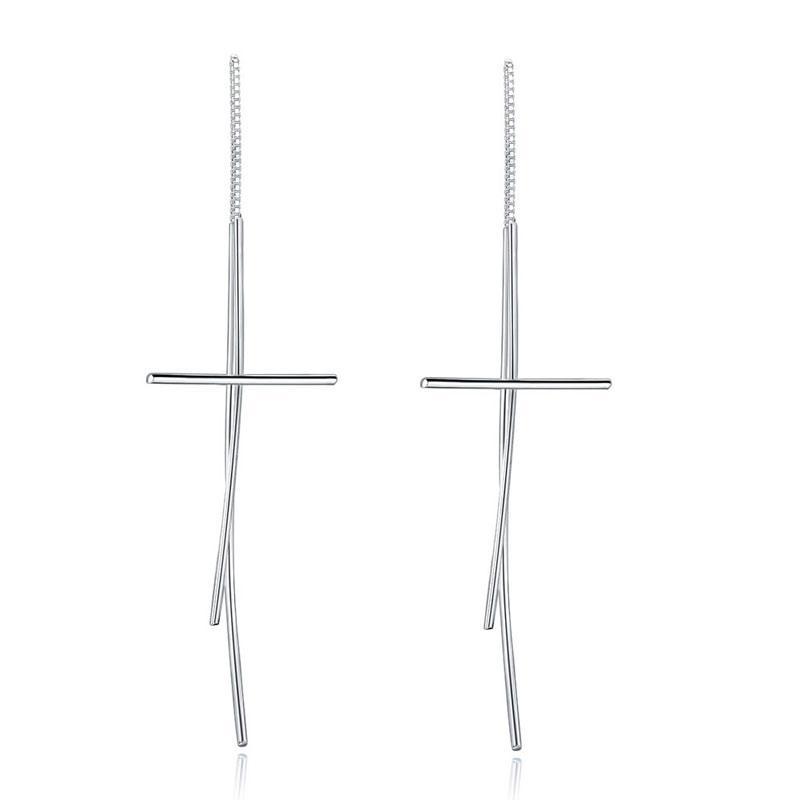 Dangle Drop Cross 925 Sterling Silver Earrings Long Elegant MXFE8137