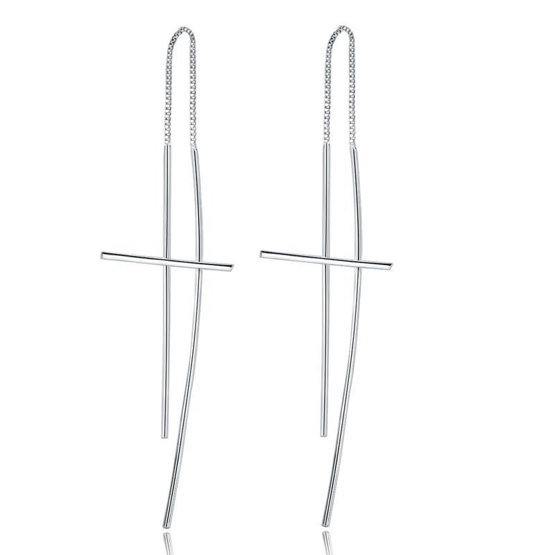 Dangle Drop Cross 925 Sterling Silver Earrings Long Elegant MXFE8137