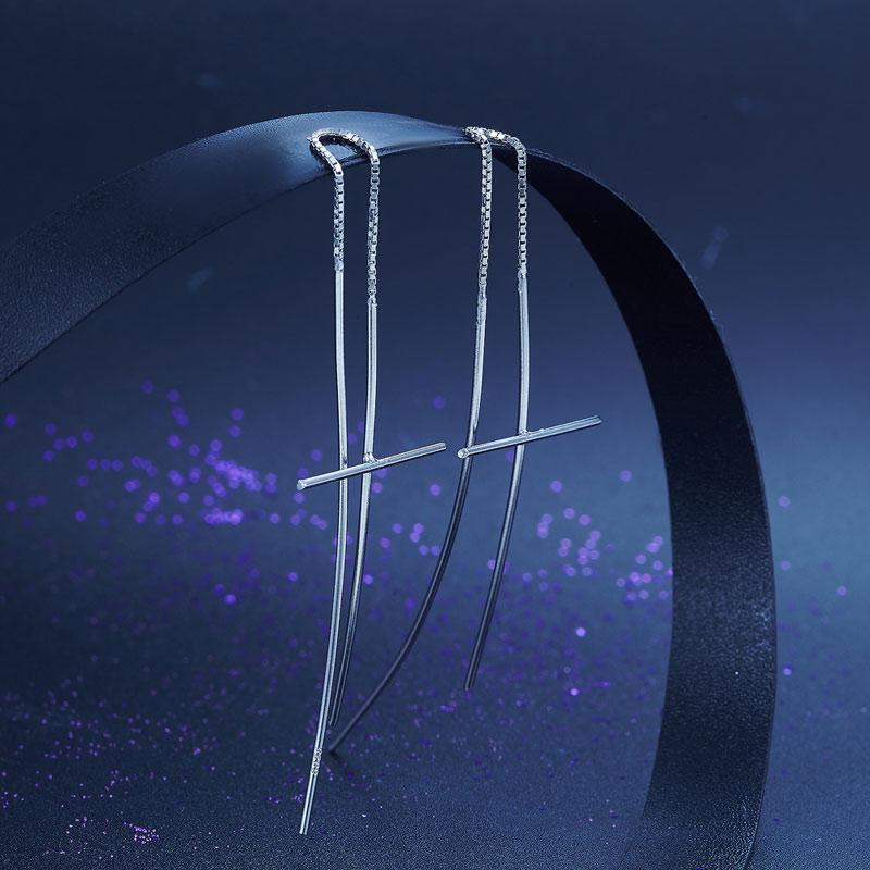 Dangle Drop Cross 925 Sterling Silver Earrings Long Elegant MXFE8137