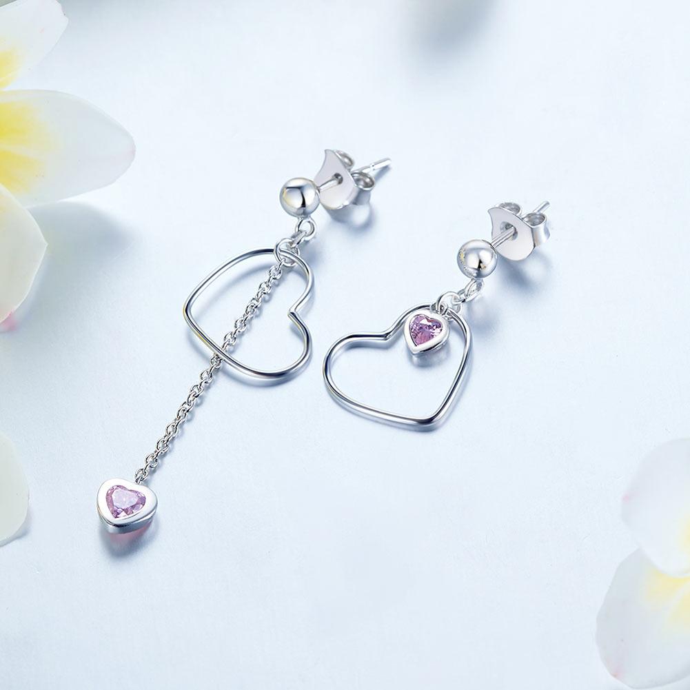 925 Sterling Silver Dangle Drop Pink Heart Earrings MXFE8152