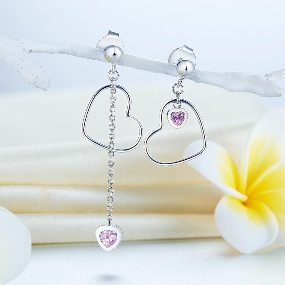 925 Sterling Silver Dangle Drop Pink Heart Earrings MXFE8152