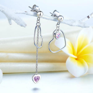 925 Sterling Silver Dangle Drop Pink Heart Earrings MXFE8152