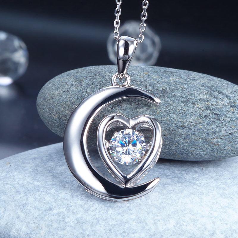 Dancing Stone Moon Heart Pendant Necklace 925 Sterling Silver MXFN8056