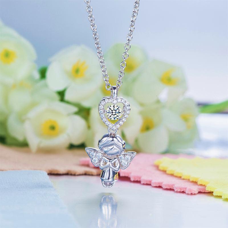 Angel Heart Dancing Stone Kids Girl Pendant Necklace Solid 925 Sterling Silver Children Jewelry MXFN8068