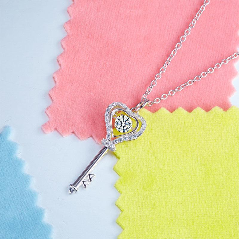 Key Heart Dancing Stone Kids Girl Pendant Necklace 925 Sterling Silver Children Jewelry MXFN8069