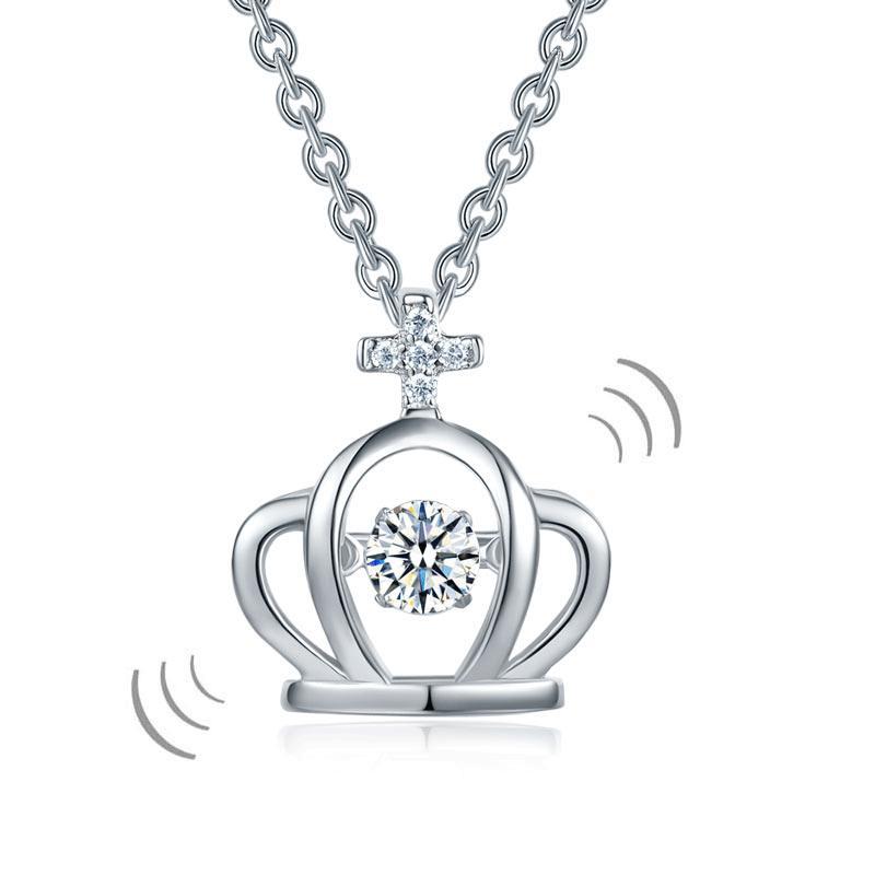 Crown Dancing Stone Kids Girl Pendant Necklace Solid 925 Sterling Silver Children Jewelry MXFN8071