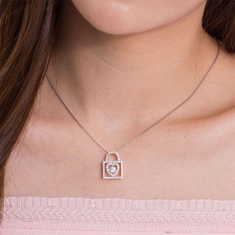 Heart Lock Dancing Stone Pendant Necklace 925 Sterling Silver MXFN8075