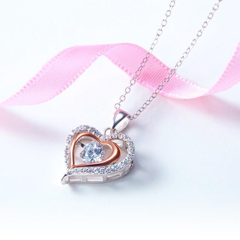 Double Heart Dancing Stone Pendant Necklace 925 Sterling Silver MXFN8078