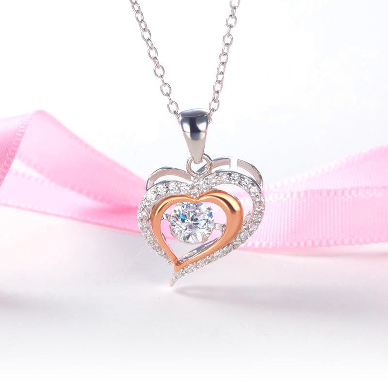Double Heart Dancing Stone Pendant Necklace 925 Sterling Silver MXFN8078