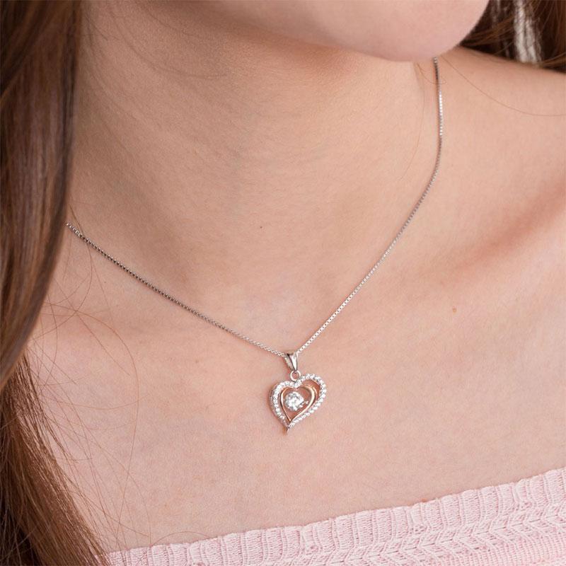 Double Heart Dancing Stone Pendant Necklace 925 Sterling Silver MXFN8078