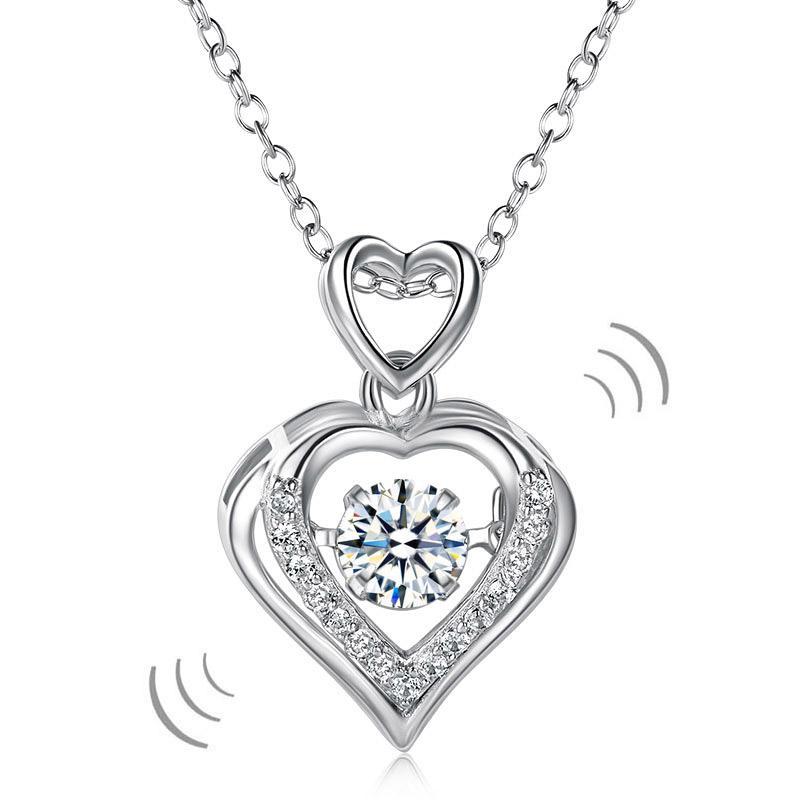 Double Heart Dancing Stone Pendant Necklace 925 Sterling Silver MXFN8079