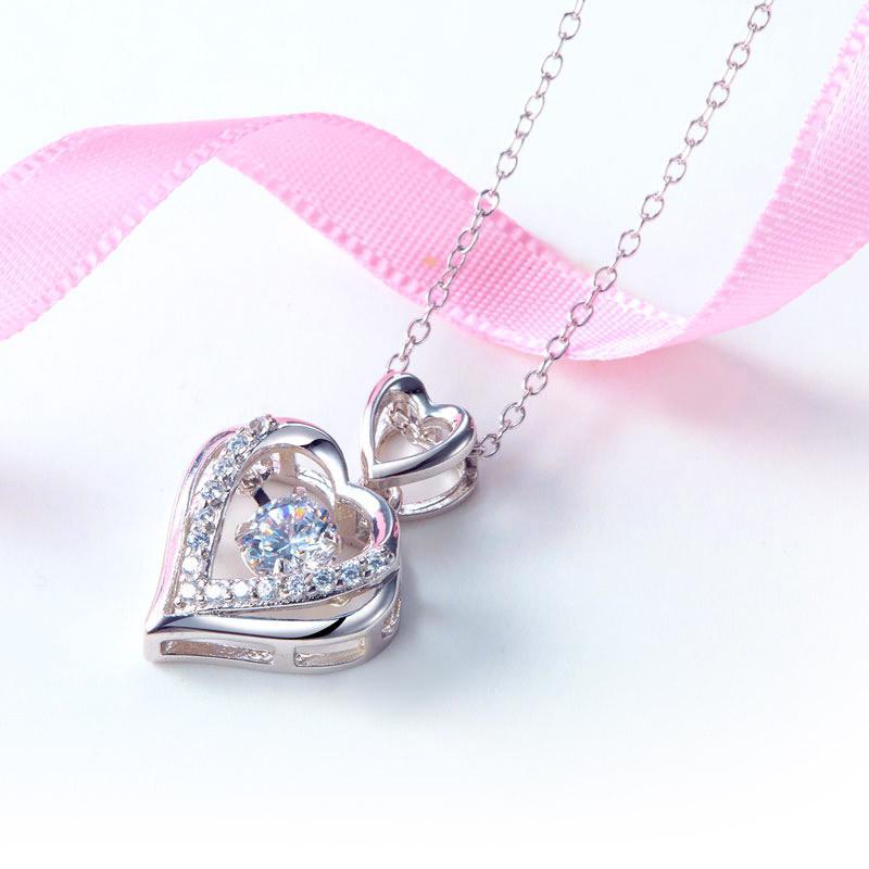 Double Heart Dancing Stone Pendant Necklace 925 Sterling Silver MXFN8079