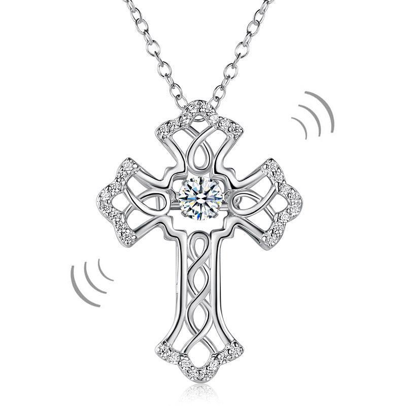 Vintage Style Cross Dancing Stone Pendant Necklace 925 Sterling Silver MXFN8080