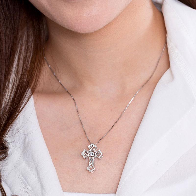 Vintage Style Cross Dancing Stone Pendant Necklace 925 Sterling Silver MXFN8080
