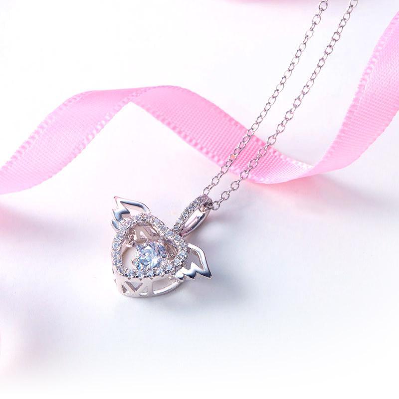Heart Angel Wing Dancing Stone Pendant Necklace 925 Sterling Silver MXFN8081