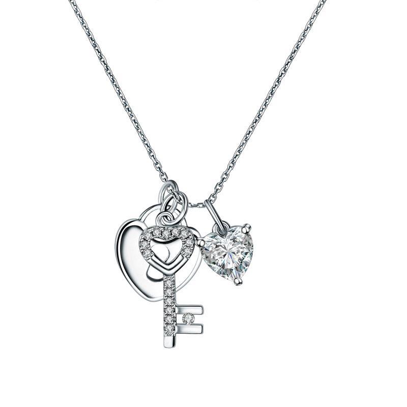 Love Heart Lock Key 925 Sterling Silver Pendant Necklace 1.5 Carat Created Zirconia MXFN8083
