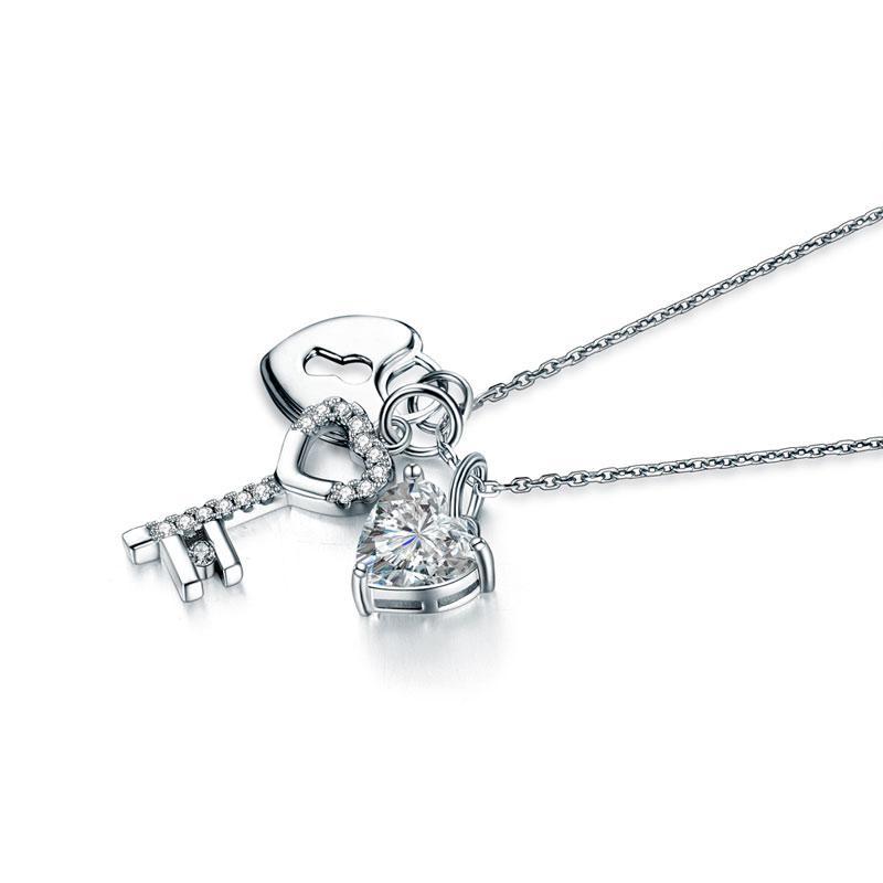 Love Heart Lock Key 925 Sterling Silver Pendant Necklace 1.5 Carat Created Zirconia MXFN8083