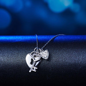 Love Heart Lock Key 925 Sterling Silver Pendant Necklace 1.5 Carat Created Zirconia MXFN8083