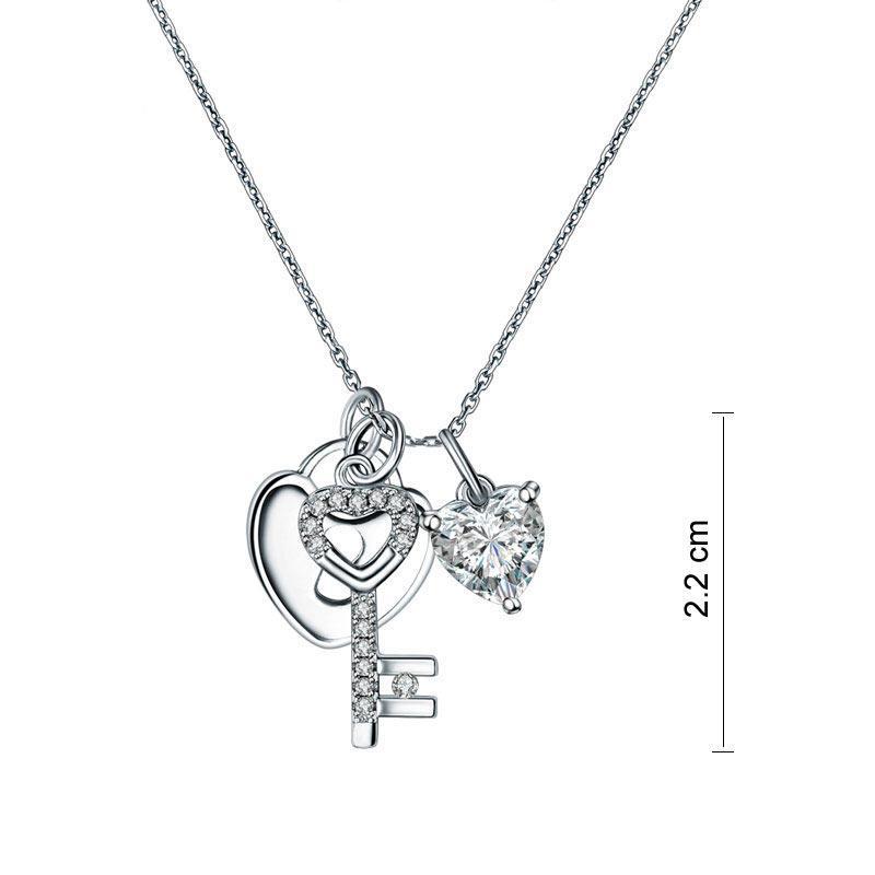 Love Heart Lock Key 925 Sterling Silver Pendant Necklace 1.5 Carat Created Zirconia MXFN8083