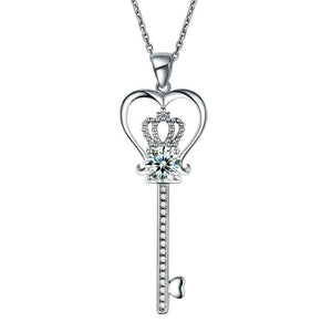 Love Heart Crown Key 925 Sterling Silver Pendant Necklace Created Zirconia Jewelry 1.25 Carat MXFN8085