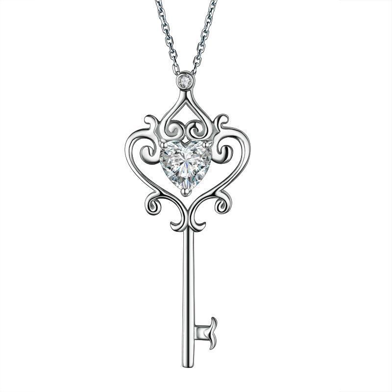 Love Heart Key 925 Sterling Silver Pendant Necklace Vintage Style 1.5 Carat Created Zirconia MXFN8086