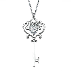 Love Heart Key 925 Sterling Silver Pendant Necklace Vintage Style 1.5 Carat Created Zirconia MXFN8086