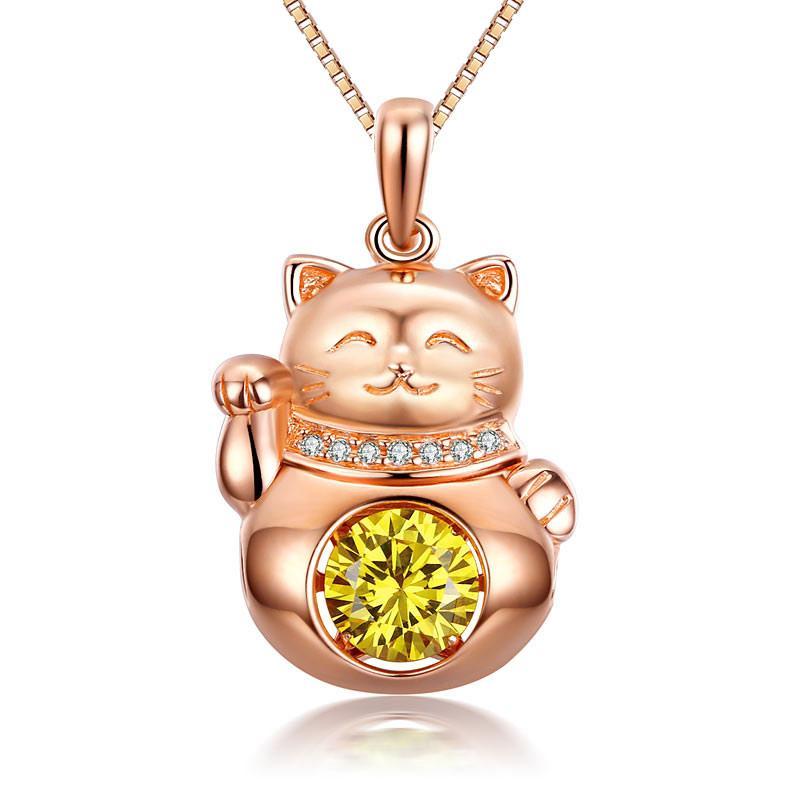 Lucky Cat Dancing Stone Pendant Necklace 925 Sterling Silver Rose Gold Plated MXFN8098