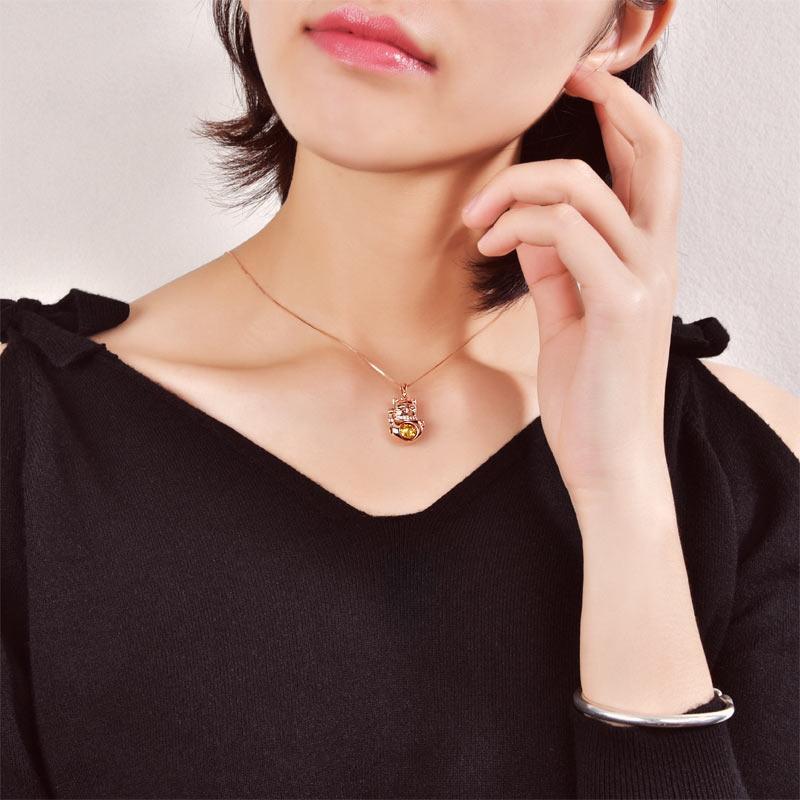 Lucky Cat Dancing Stone Pendant Necklace 925 Sterling Silver Rose Gold Plated MXFN8098