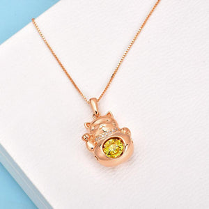 Lucky Cat Dancing Stone Pendant Necklace 925 Sterling Silver Rose Gold Plated MXFN8098