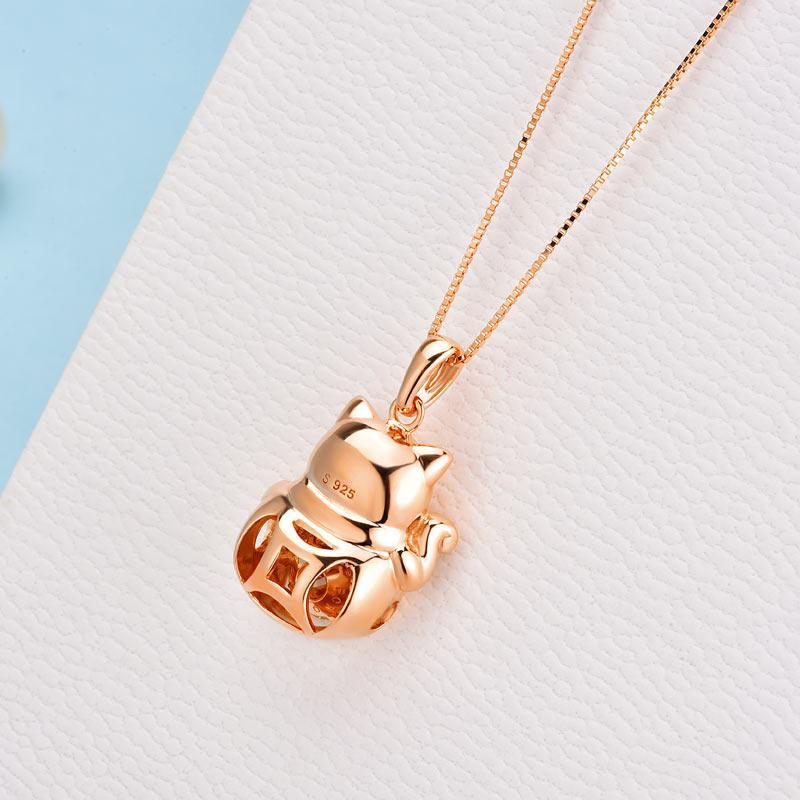 Lucky Cat Dancing Stone Pendant Necklace 925 Sterling Silver Rose Gold Plated MXFN8098