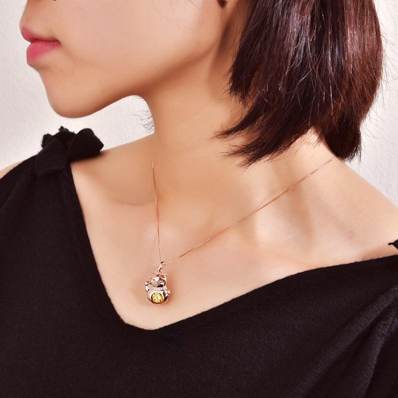 Lucky Cat Dancing Stone Pendant Necklace 925 Sterling Silver Rose Gold Plated MXFN8098