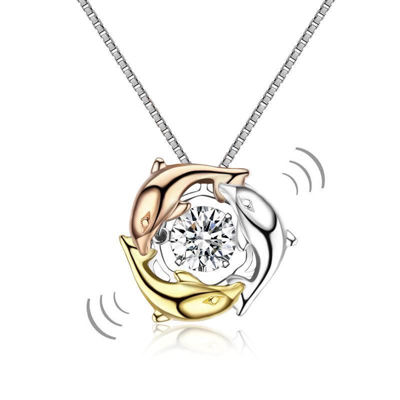 Dolphins Dancing Stone Pendant Necklace 925 Sterling Silver MXFN8101