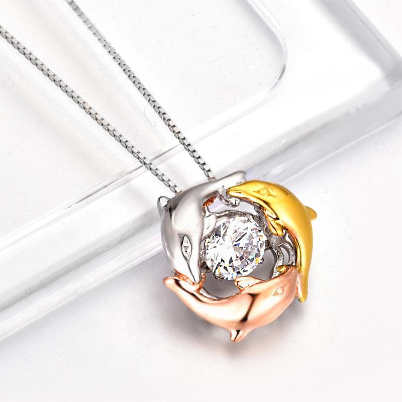 Dolphins Dancing Stone Pendant Necklace 925 Sterling Silver MXFN8101