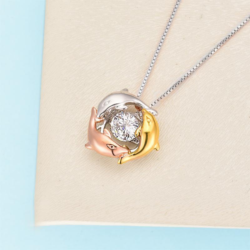 Dolphins Dancing Stone Pendant Necklace 925 Sterling Silver MXFN8101